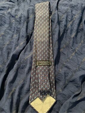 Dior Navy Silk Tie with Red & Cream Bit-Chain Motif